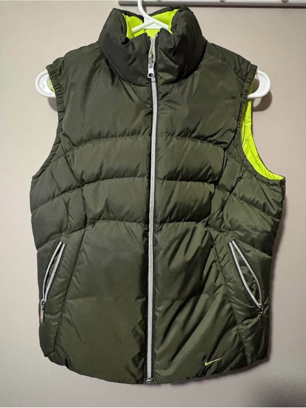 Nike Olive Green Puffer Vest with Neon Yellow Liner